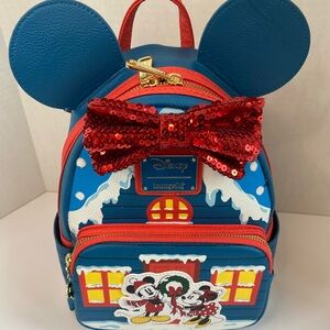 NWT Disney Loungefly Mini Backpack Christmas-Holiday-Red Sequins-Mickey&Minnie